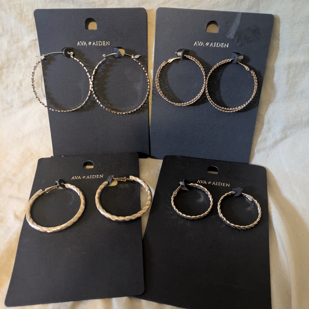 Ava & Aiden Lightweight Goldtone Textured Hoop Earrings Set of 4